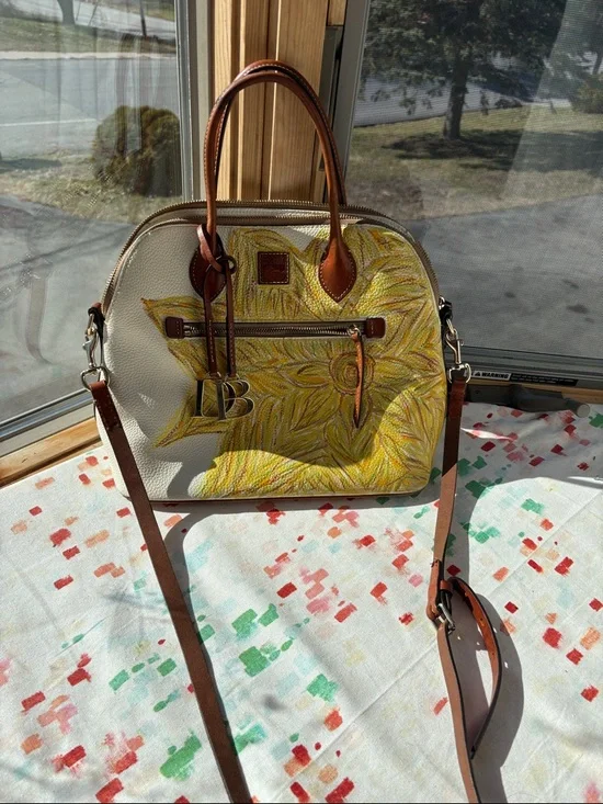 Dooney & Bourke White Leather Satchel with Yellow Floral - Picture 1 of 10